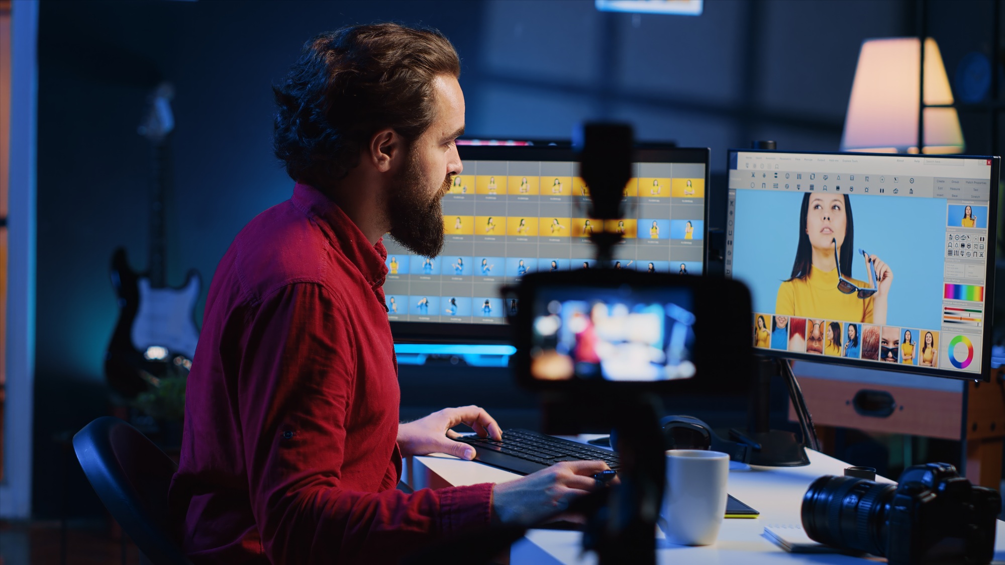 Photo editor using professional content creation equipment to record vlog in production company